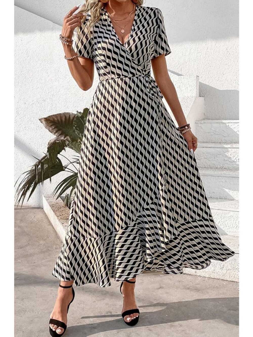 Women's White Wave V Neck Casual Short Sleeve Outfit Pull On Zipper Maxi Dresses - Picture 6 of 6